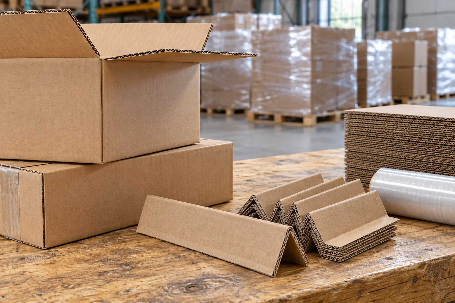 Cartons and protective corner packaging on a warehouse worktable, an illustrative packing detail
